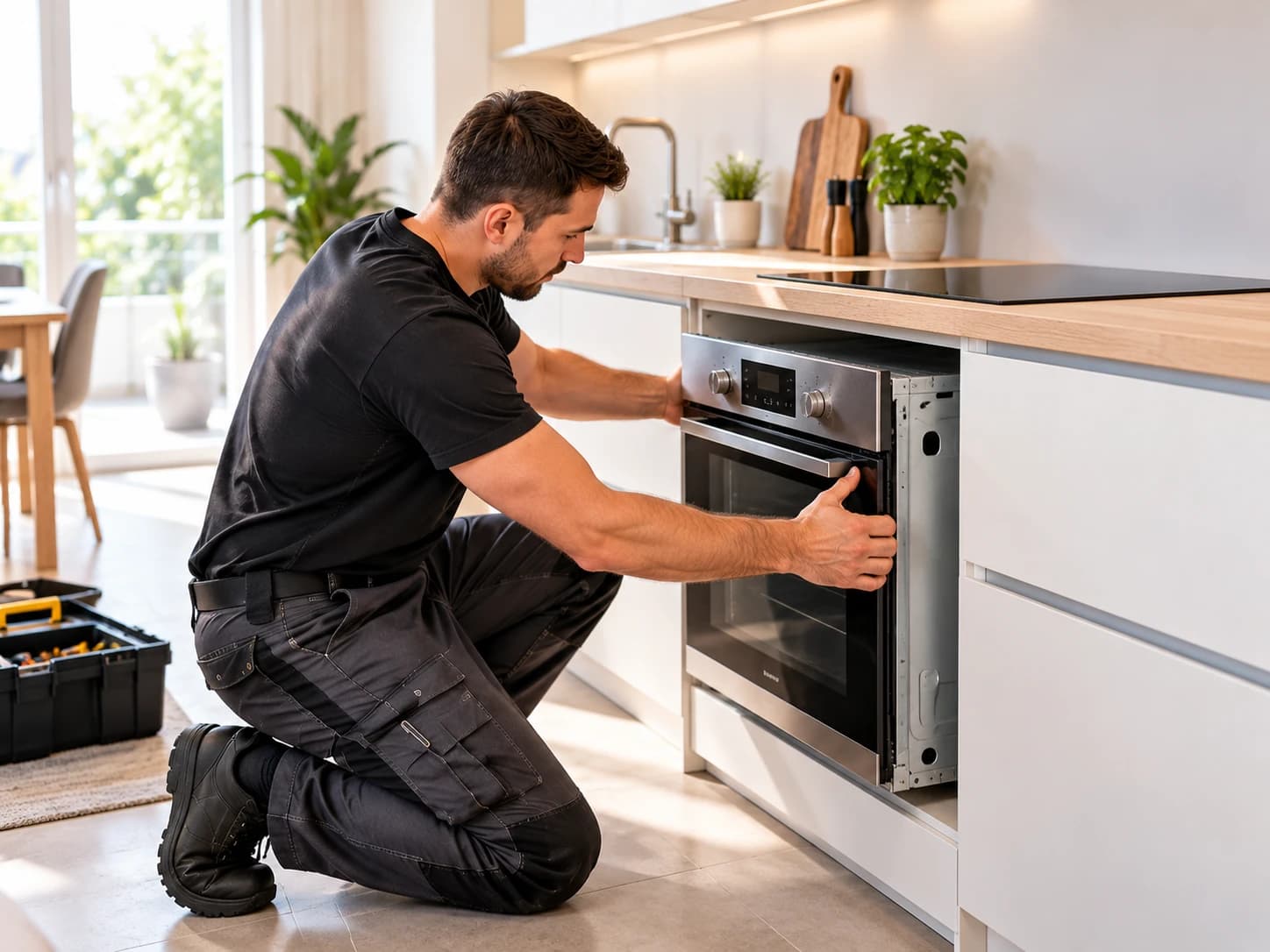 Monteur setzt einen Einbaubackofen in den Küchenschrank ein