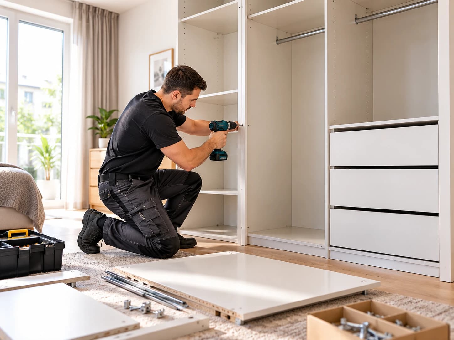 Monteur baut einen weißen Kleiderschrank mit Schubladen auf, im Vordergrund liegen Möbelteile und Beschläge