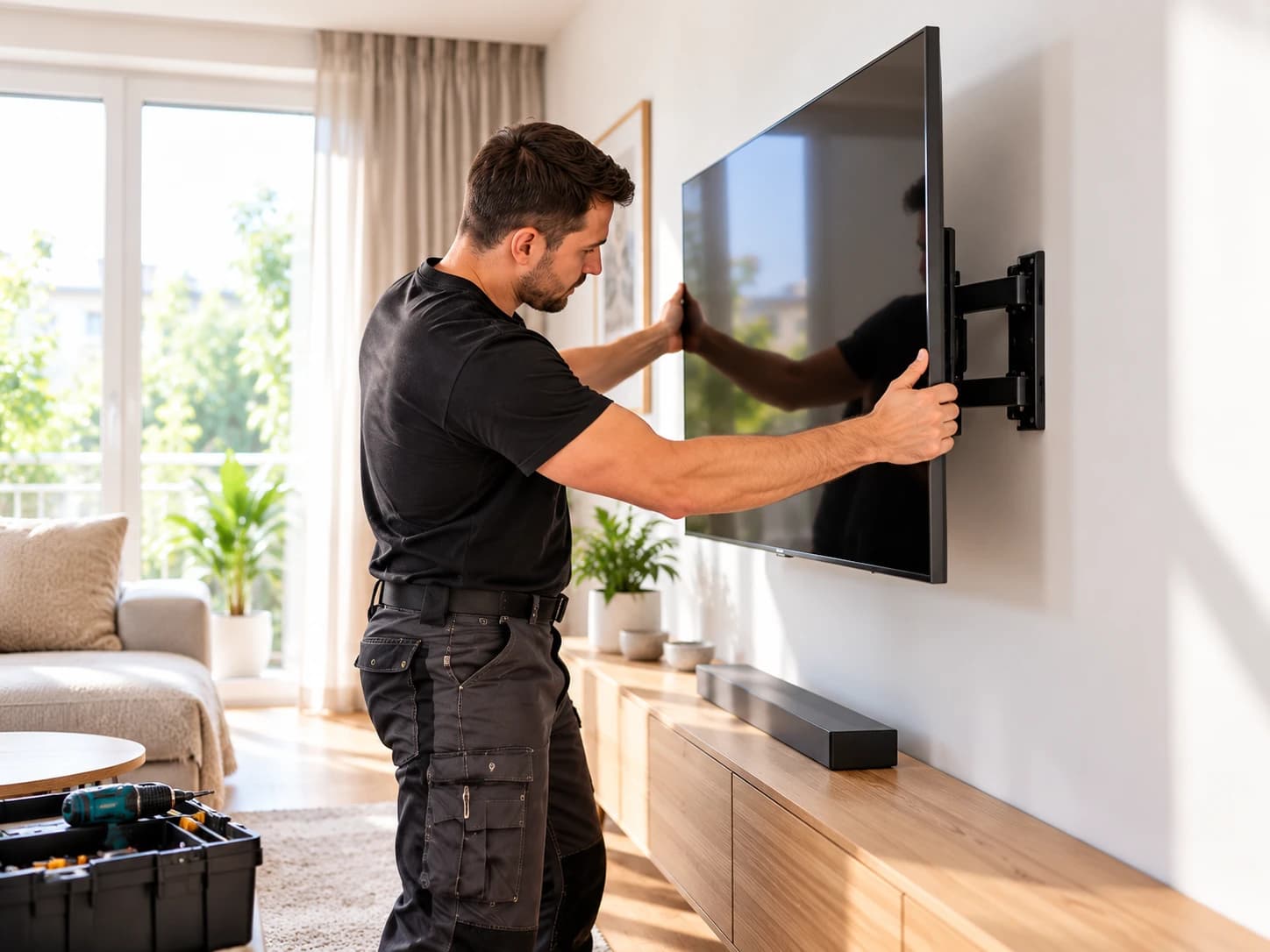 Monteur hängt einen großen Fernseher an eine schwenkbare Wandhalterung