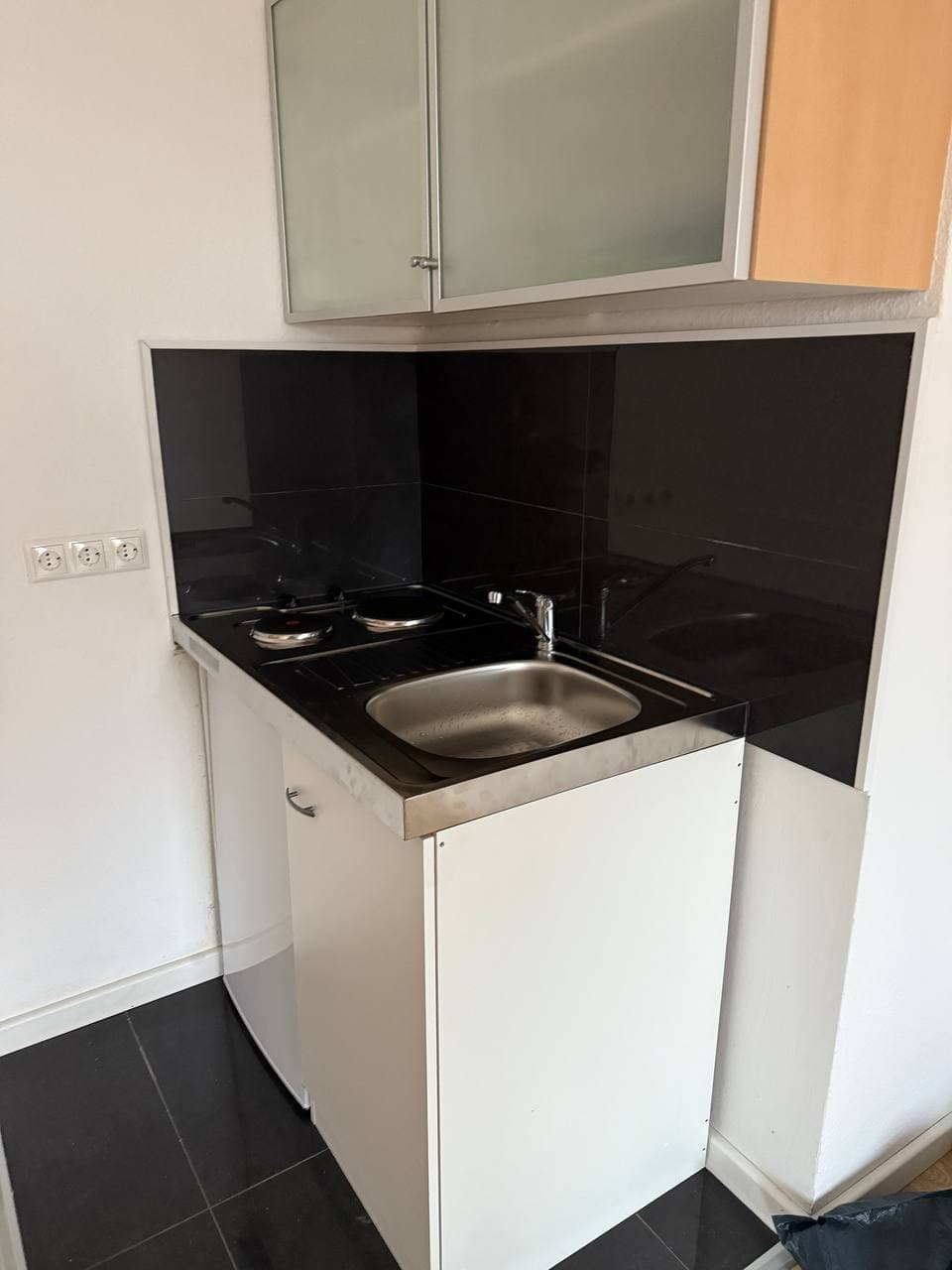 Pantryküche mit Edelstahlspüle, zwei Kochplatten und schwarzer Rückwand, darüber ein Hängeschrank mit Milchglastüren